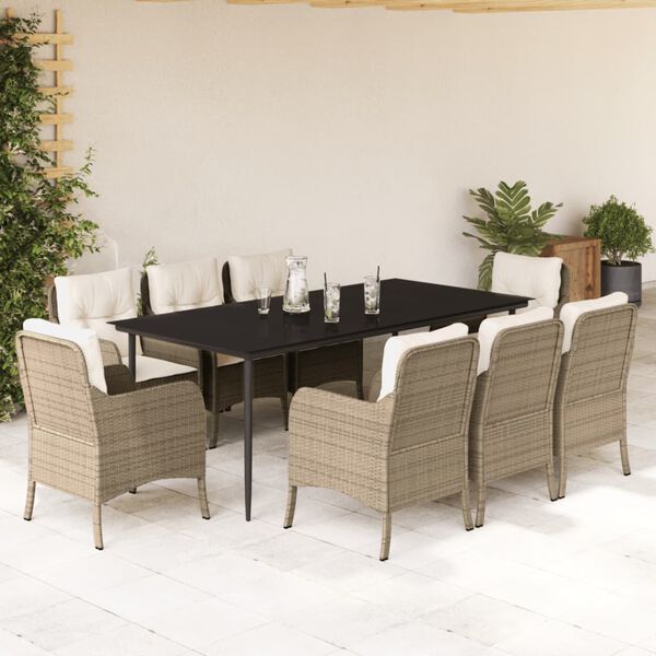 vidaXL 9 Piece Patio Dining Set with Cushions Beige Poly Rattan