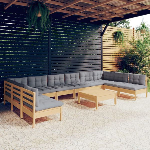 vidaXL Garden Lounge Set Grey Solid Pine Wood, Polyester Large Modular