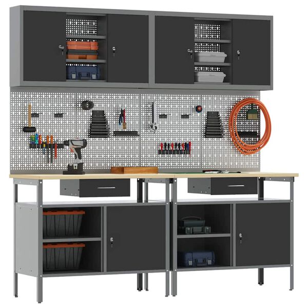 vidaXL Work Bench Set with Drawer with Shelf with Storage Black Steel