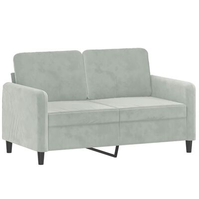 Light grey two-seat sofa with curved arms and black angled legs, cushions and backrests.