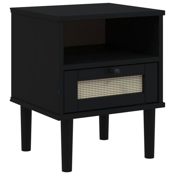 vidaXL Bedside Cabinet Black Solid pine wood, engineered wood, poly rattan