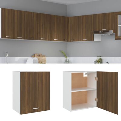 Kitchen wall cabinets with wood veneer doors and metal handles; also shows a separate cabinet door and a base cabinet.