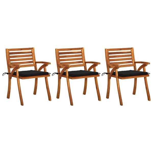 vidaXL Dining Chair Set of 3 Acacia Wood (Brown), Black Cushion