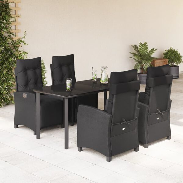 vidaXL 5 Piece Patio Dining Set with Cushions Black Poly Rattan