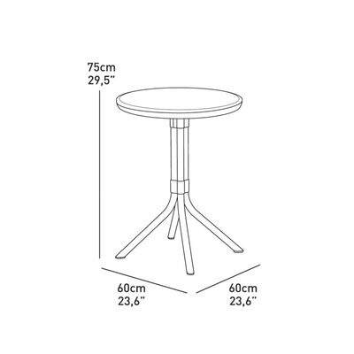Dimension diagram of round table with pedestal base and four legs, shows 75 cm height and 60 cm footprint.