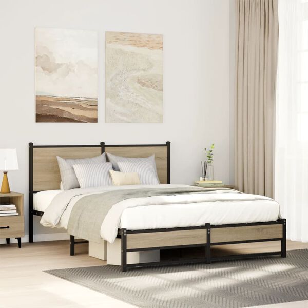 vidaXL Bed Frame Sonoma oak Steel, Engineered wood Double Bed Frame
