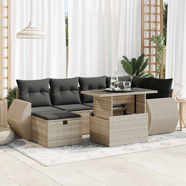 vidaXL Garden Sofa Set Light Gray PE Rattan Large Removable Covers