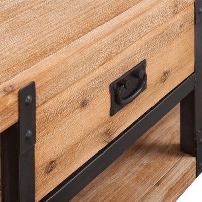 Close-up view of a drawer handle on the wooden frame.
