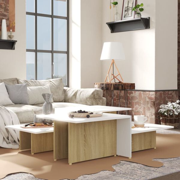 vidaXL Coffee Table Set of 2 Sonoma oak and white Engineered wood Medium