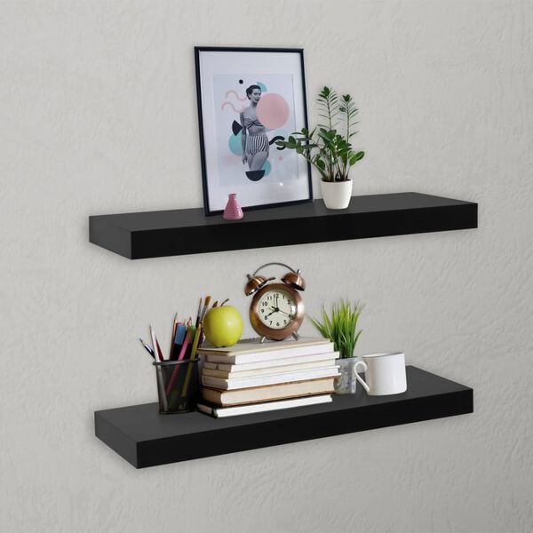 vidaXL Wall Mounted Shelf Set of 2 Black MDF 15.7 x 7.9 x 1.5 in