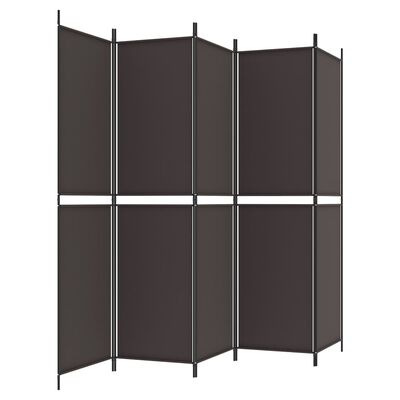 Five-panel folding room divider with dark brown fabric panels.
