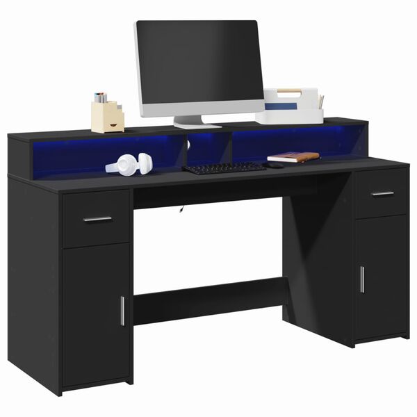 vidaXL Desk with LED Lights Black 63.0x21.7x35.8" Engineered Wood
