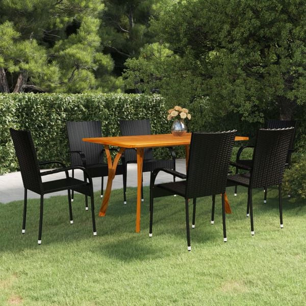 vidaXL Dining Set Black Solid Acacia Wood, PE Rattan 7 Piece Stackable