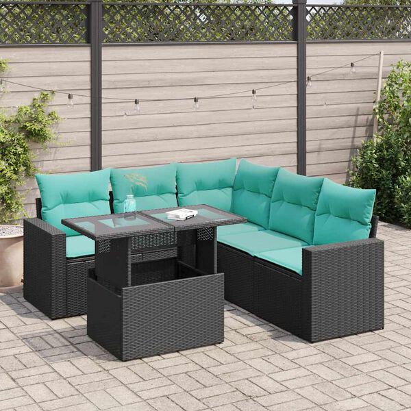 vidaXL 6 Piece Patio Sofa Set with Cushions Black Poly Rattan Acacia