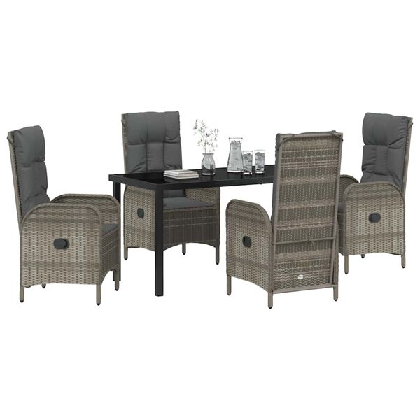 vidaXL Garden Dining Set with Cushion 5 pcs Grey Poly Rattan