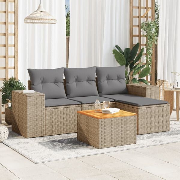 vidaXL Garden Sofa Set Beige Poly Rattan, Powder-Coated Steel, Acacia Wood