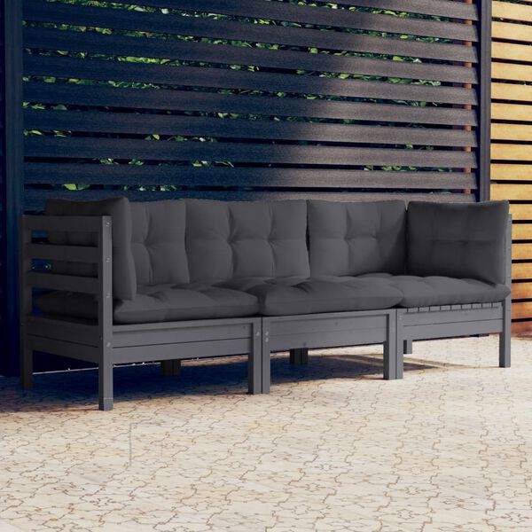vidaXL 3-seater Garden Sofa Grey, Anthracite Solid pinewood, 100% polyester