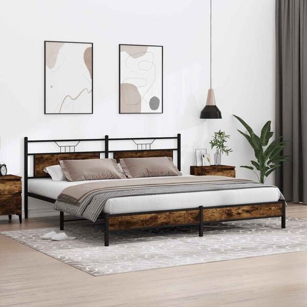 vidaXL Bed Frame Smoked Oak Steel and Engineered Wood Double Bed Frame