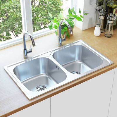 vidaXL Kitchen Sink Double Basin with Strainer & Trap Stainless Steel