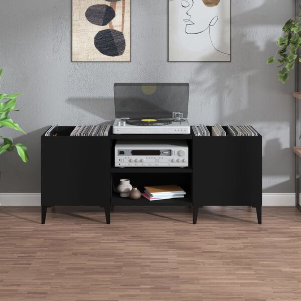 vidaXL Record Cabinet Black Engineered wood, metal Medium Record Cabinet