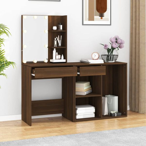vidaXL LED Dressing Table With Cabinet Brown Oak Engineered Wood
