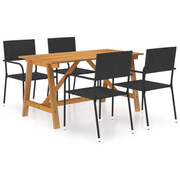 vidaXL Dining Set Black Solid acacia wood, PE rattan, Powder-coated steel