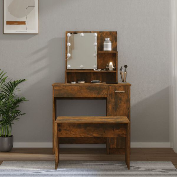 vidaXL Dressing Table Set With LED Smoked Oak Engineered Wood Standard