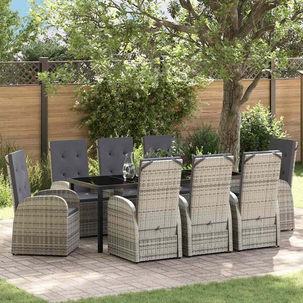 vidaXL Garden Dining Set with Cushion 9 pcs Grey Poly Rattan