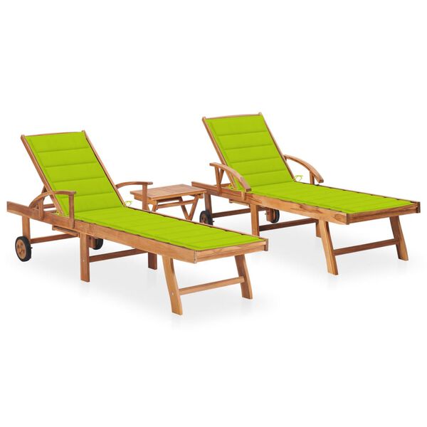 vidaXL Sun Lounger Set of 2 Bright green cushion, Teak wood