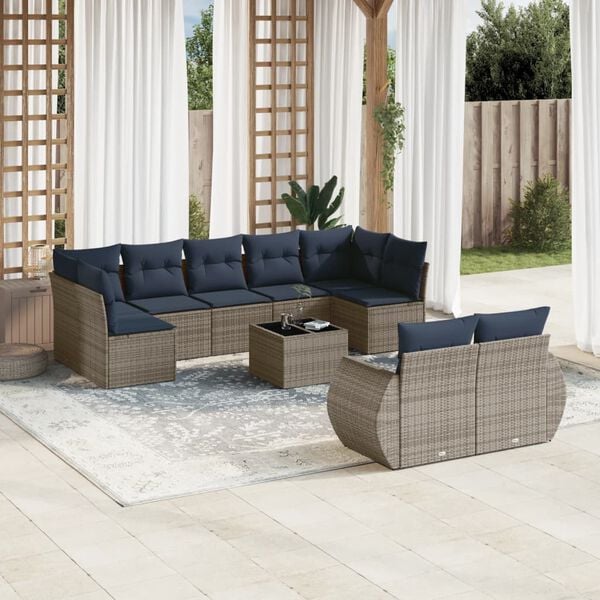 vidaXL 10 Piece Garden Sofa Set with Cushions Grey Poly Rattan