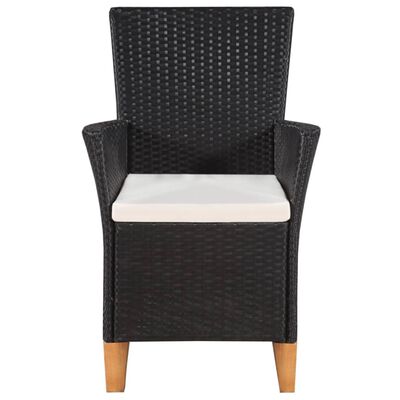 Front view of a black wicker armchair with beige cushion.