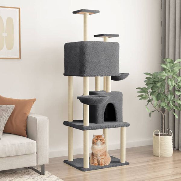 vidaXL Cat Tree Dark grey Engineered wood, Plush, Sisal 70.9 in tall