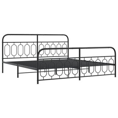 Metal bed frame with headboard and footboard featuring circular loop designs, side rails, and a visible mattress support