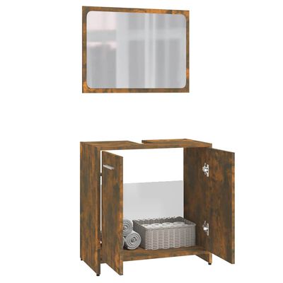 Rustic bathroom vanity cabinet with swing-open doors and mirror above