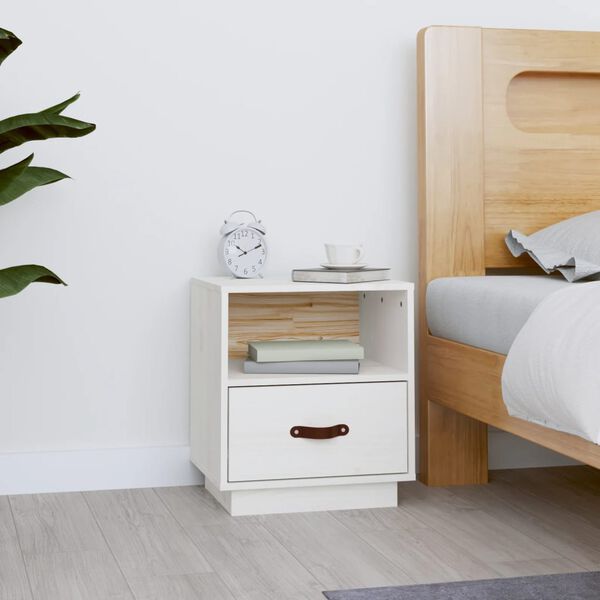 vidaXL Bedside Cabinet White Solid pine wood, faux leather (handle)