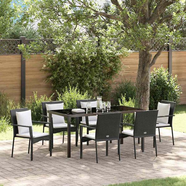 vidaXL Garden Dining Set with Cushion 7 pcs Black Poly Rattan