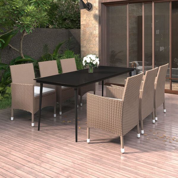 vidaXL 7 Piece Patio Dining Set with Cushions Poly Rattan and Glass