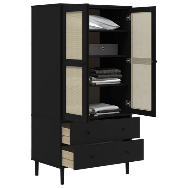 vidaXL Wardrobe Black Solid Pine Wood, Engineered Wood, Poly Rattan