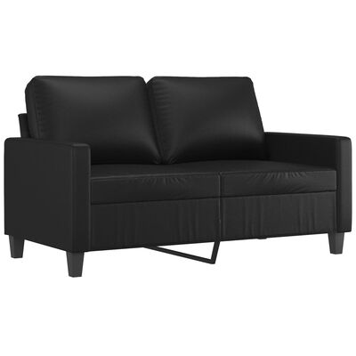 Close-up view of black loveseat showing seat cushions and armrest