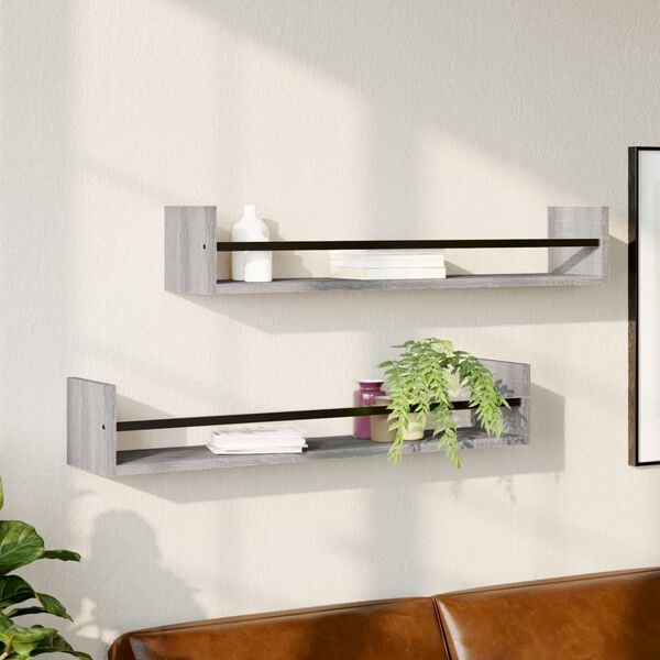 vidaXL Wall Shelf Set of 2 Grey Sonoma Engineered wood, steel Large
