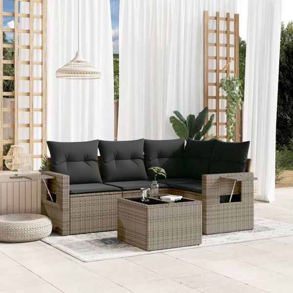 vidaXL Garden Sofa Set Grey PE rattan, powder-coated steel, tempered glass