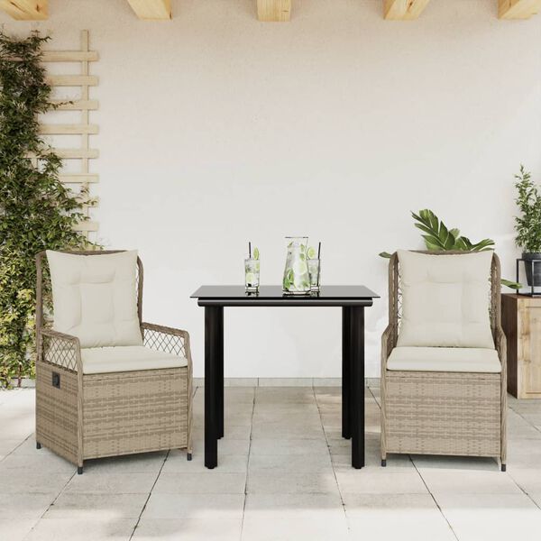 vidaXL 3 Piece Patio Dining Set with Cushions Beige Poly Rattan