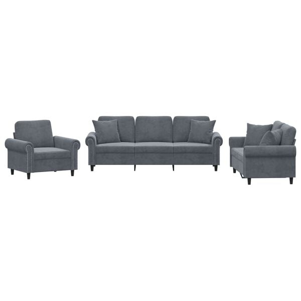 vidaXL Sofa Set Dark grey Velvet 3-seater, 2-seater, Chair Durable