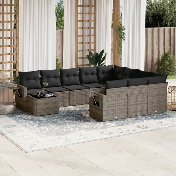vidaXL Garden Sofa Set Gray Poly Rattan, Powder-Coated Steel, Tempered Glass