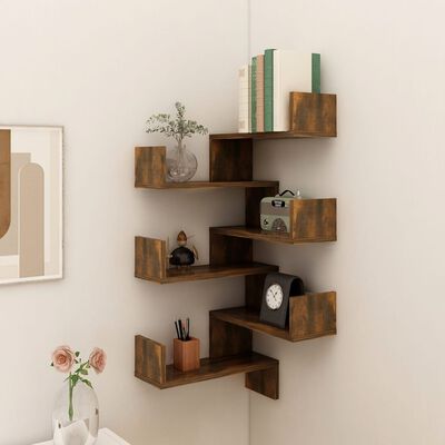 vidaXL Wall Corner Shelves 2 pcs Smoked Oak 15.7"x15.7"x19.7" Engineered Wood