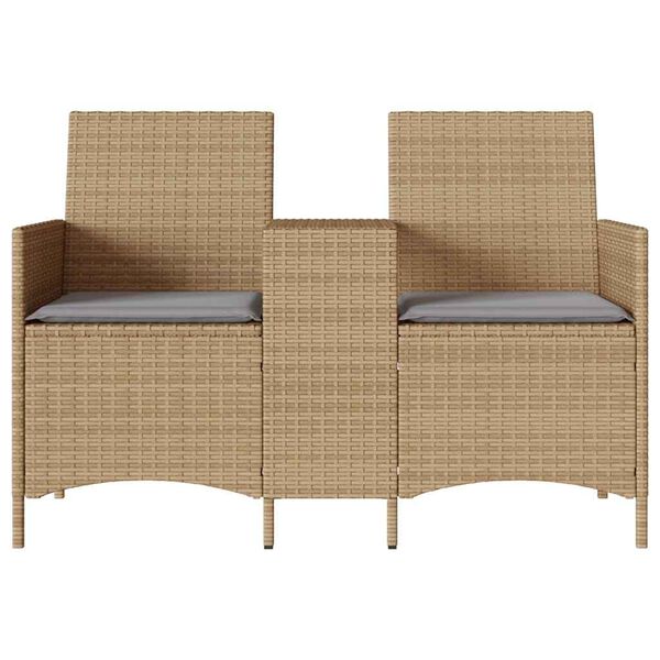vidaXL Patio Sofa 2-Seater with Table and Cushions Beige Poly Rattan