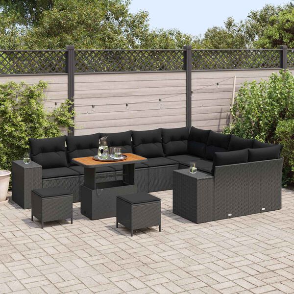 vidaXL Garden Sofa Set with Cushion 12 pcs Black Poly Rattan