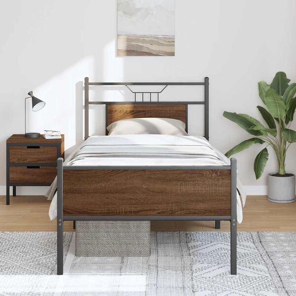 vidaXL Bed Frame Brown Oak Engineered Wood and Steel Single Bed Frame