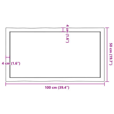 Diagram of a 100 cm by 50 cm rectangle with inner border measurements in pink, likely a measurement chart.