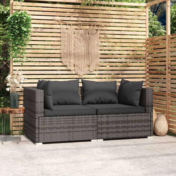 vidaXL 2-seater Sofa Grey PE rattan, steel, plastic, fabric (100% polyester)